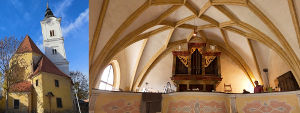 Historische Kirche mit prächtiger Innenausstattung, darunter eine Orgel und ein beeindruckendes Gewölbe.