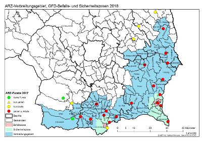 ARZ-Verbreitungsgebiet 2018 und die GFD - Befalls- und Sicherheitszonen © A10; Herbert Mrosek ARZ-Verbreitungsgebiet 2018 und die GFD - Befalls- und Sicherheitszonen © A10; Herbert Mrosek